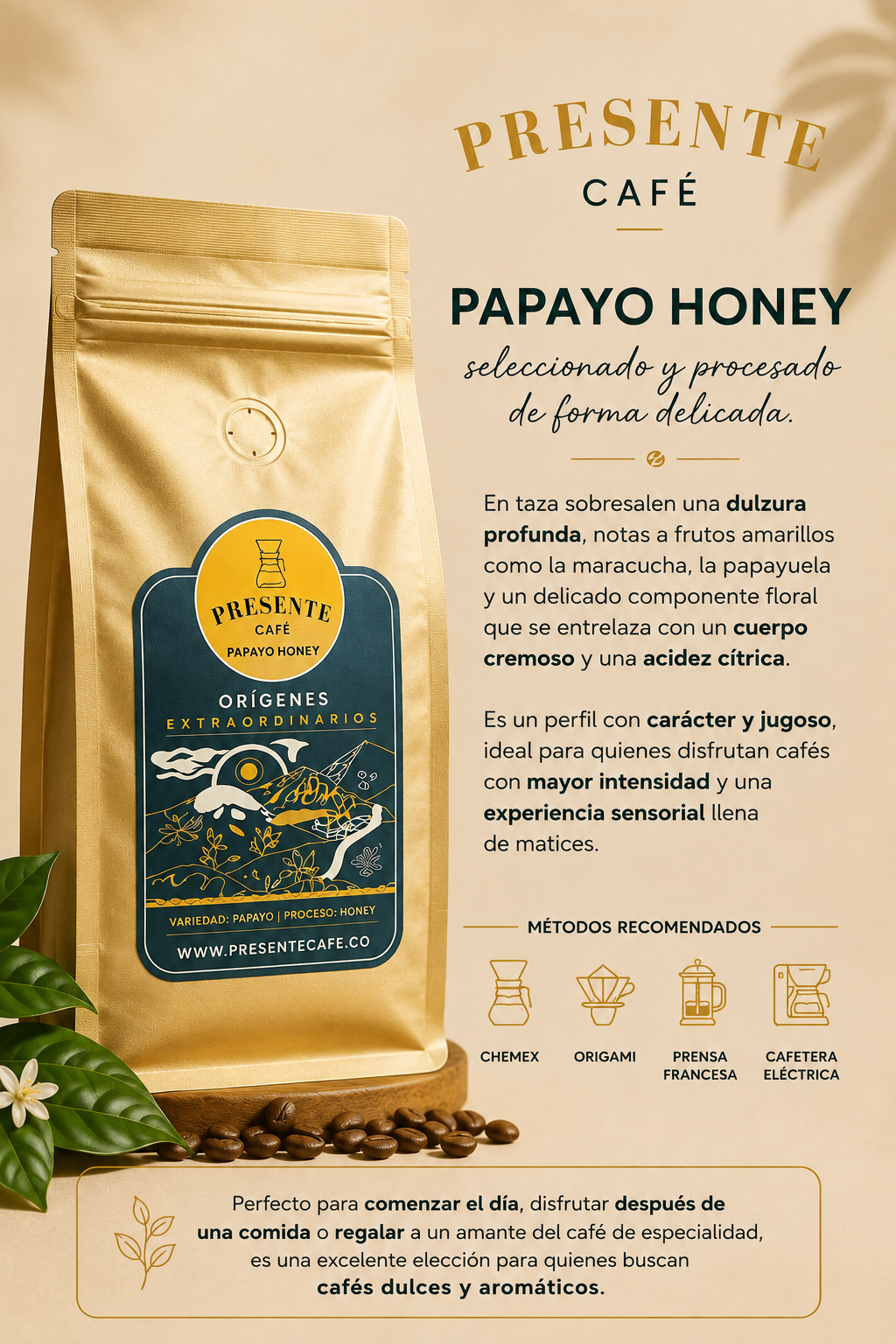 Café Papayo Honey variedad Papayo proceso lavado tueste medio perfil tropical y fresco región Tolima Colombia Presente Café